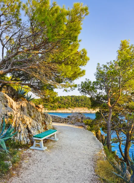 Pathway, bench and sea at Makarska, Croatia — Stockfoto