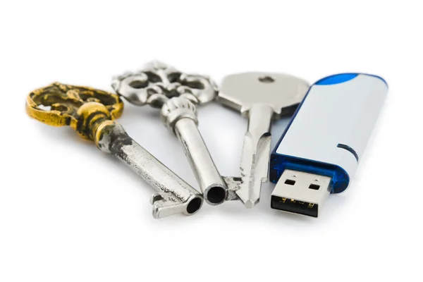 Retro klíče a počítač flash disk — Stock fotografie