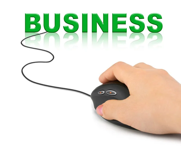 Hand met computer muis en word bedrijf — Stockfoto