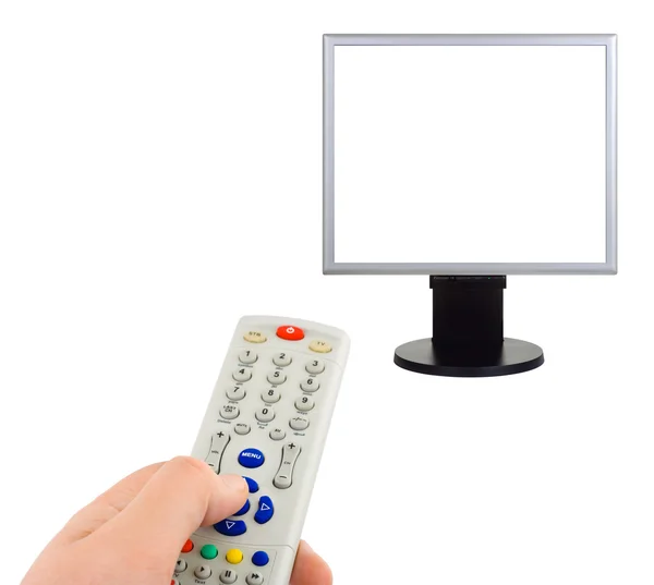 Mano con control remoto y tv — Foto de Stock