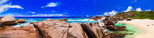 stock image Panorama of tropical beach at Seychelles