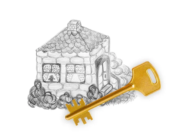 Kreslení domu a klíč — Stock fotografie