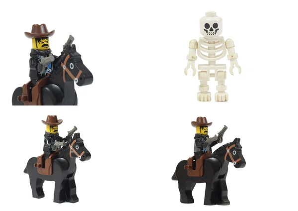 Ковбойская игрушка на скелете из лего лошади — стоковое фото