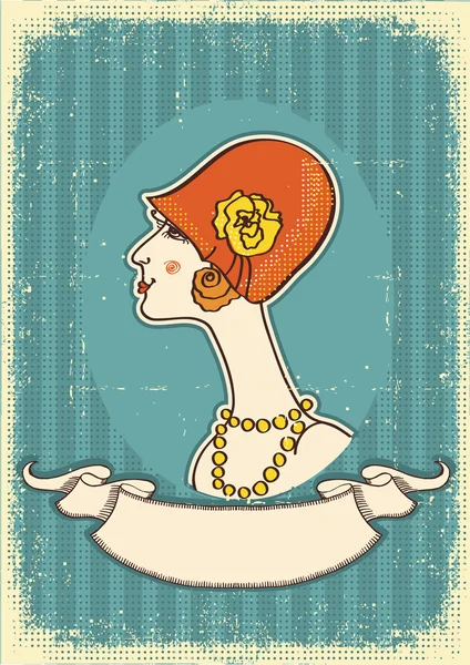 Vintage woman face in fashion hat.Retro — Stock Vector