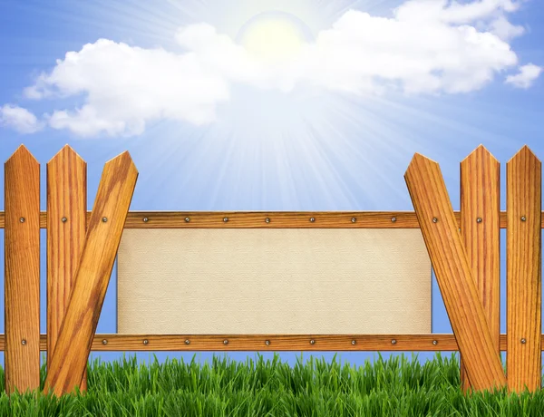 Fondo de papel sobre valla de madera. Horizonte cielo azul con sol . —  Fotos de Stock