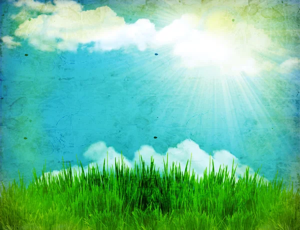 Ročník přírodní pozadí s trávou a slunce — Stock fotografie