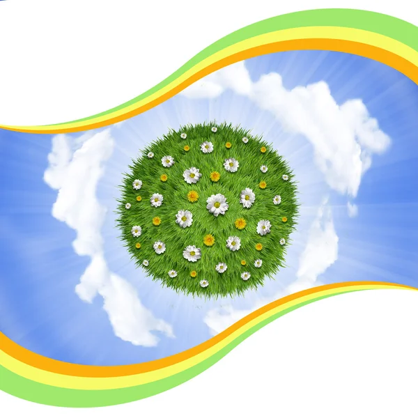Natureza verde grama planeta com flores no fundo do céu — Fotografia de Stock