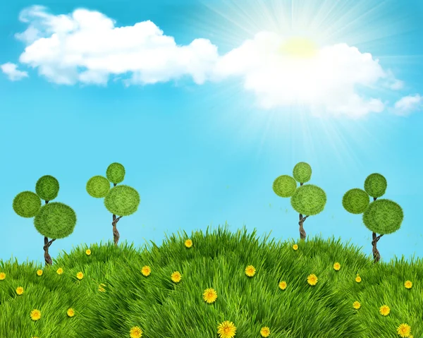 Природний пейзажний колаж з зеленими трав'яними пагорбами і сонцем — стокове фото