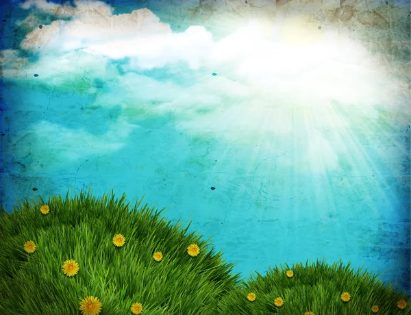 Grunge nature background with green grass and sun — Stock Photo, Image