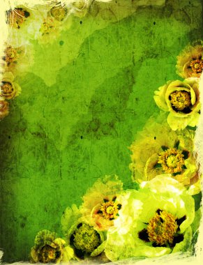 Grunge background with flowers frame on old paper texture for te clipart