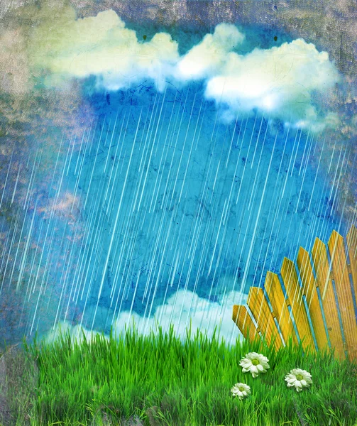 Raining nature landscape.Vintage sky with sun and clouds — Stock Photo, Image