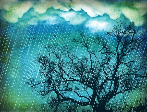 Raining sky.Grunge nature background with tree and dark clouds — Stock Photo, Image