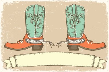 Cowboy boots and scroll for text .Vintage style clipart