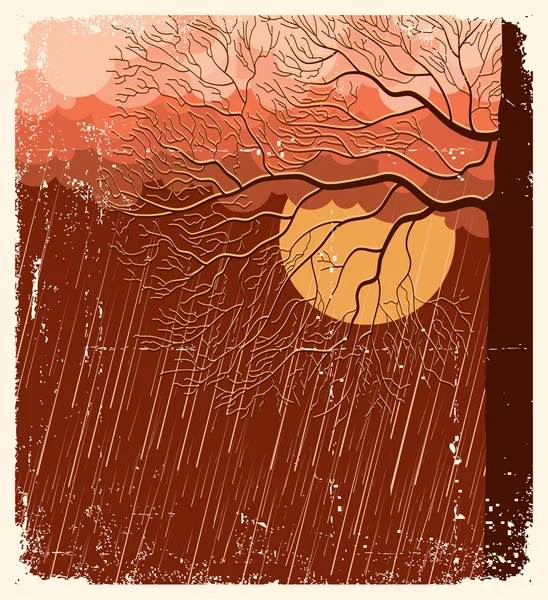 Yağmur doğa manzara ağaç ol evening.vintage kartı ile — Stok Vektör