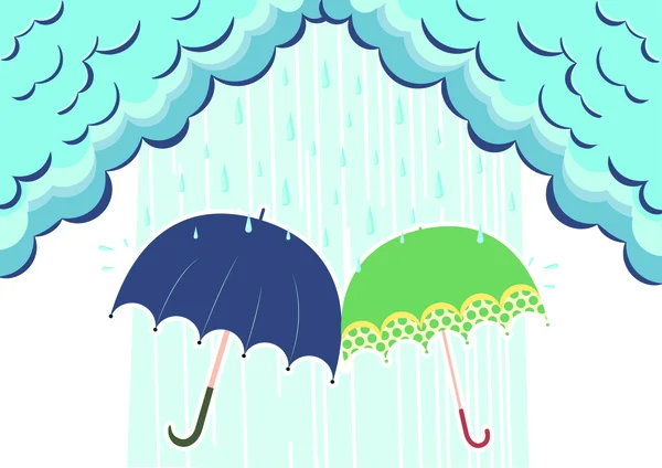 Umbrellas under raining clouds — Stock Vector