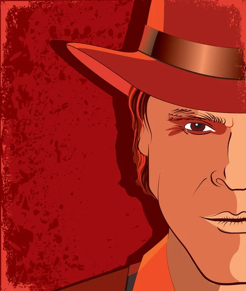 Man portrait in hat on red background — Stock Vector