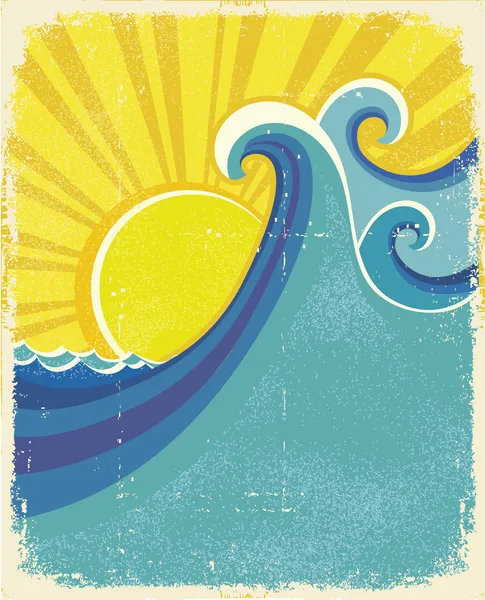 Mořské vlny plakát. ročníku ilustrace mořské krajiny na starých p — Stockový vektor