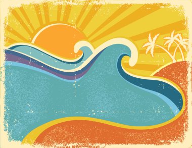 avuç içi ile deniz dalgaları poster. Deniz landsca Vintage çizimi