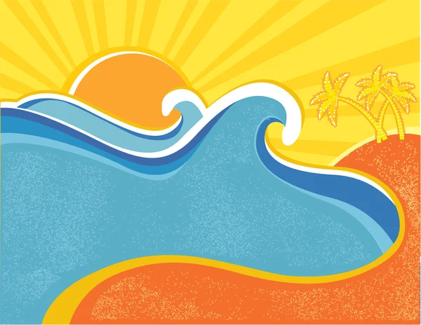 Poster delle onde marine con palme. Illustrazione vettoriale del paesaggio marino — Vettoriale Stock