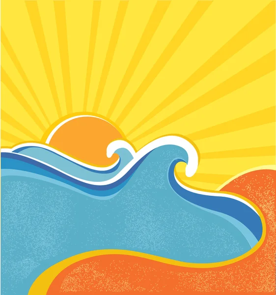 Cartaz das ondas do mar. Ilustração vetorial da paisagem do mar em quente da —  Vetores de Stock