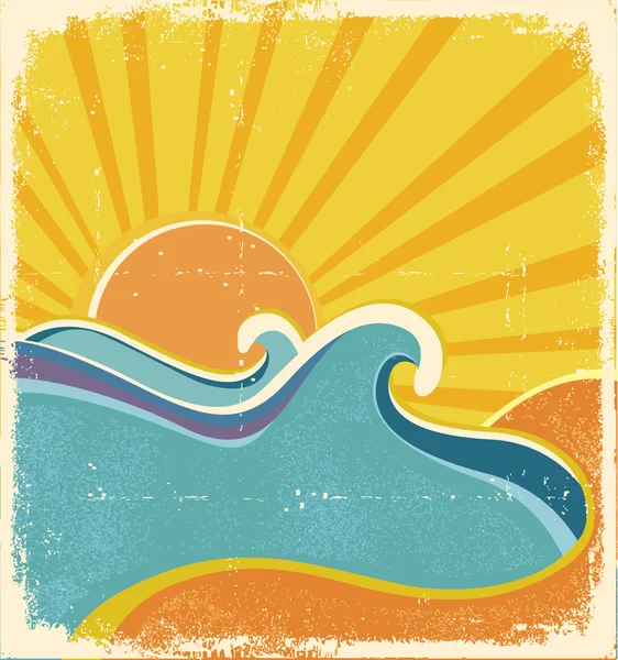 Sea waves poster. Vector illustration of sea landscape in hot da — Stock Vector