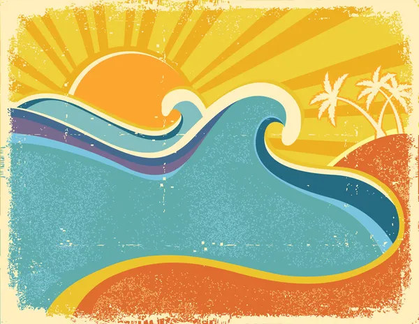 Poster mit Meereswellen und Palmen. Jahrgangsabbildung der Meereslandschaft — Stockvektor