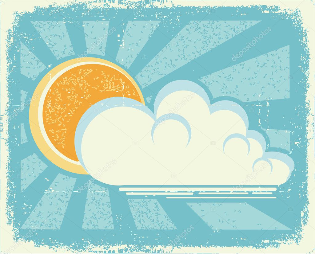 Sun and clouds.Vector vintage card on old paper texture