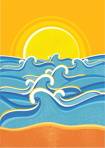 Ondas marinas y sol amarillo.Ilustración vectorial — Vector de stock