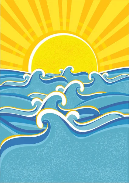 Ondas marinas y sol amarillo.Ilustración vectorial — Vector de stock