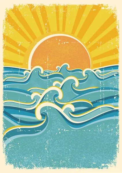 Sea waves and yellow sun on old paper texture.Vintage illustrati — Stock Vector