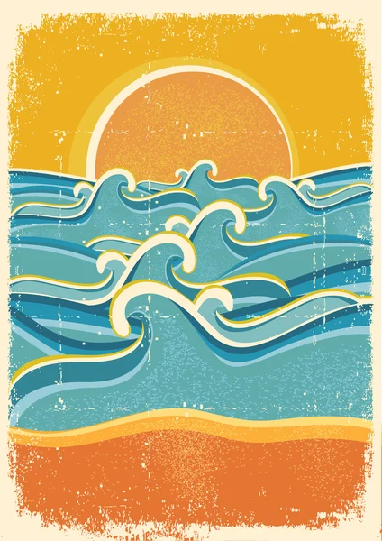 Las olas del mar y la playa de arena amarilla en textura de papel viejo . — Vector de stock