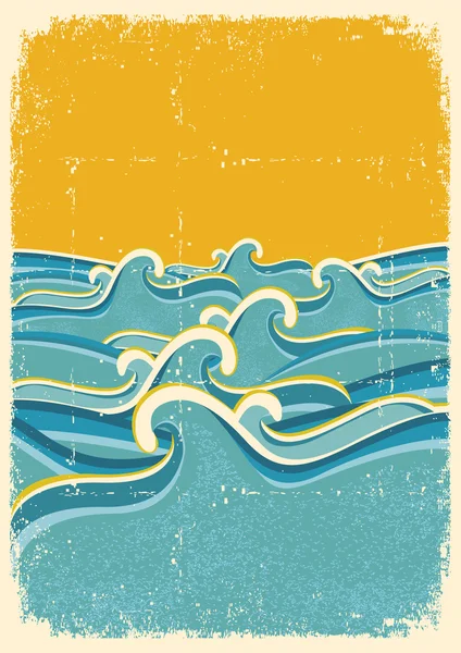 Olas de mar horizonte en la textura de papel viejo.Ilustración Vintage — Vector de stock