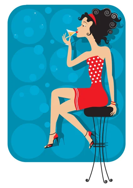 Милая женщина сидит в клубе и пьет коктай . — стоковый вектор