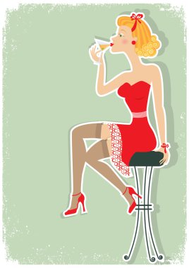 Retro woman is sitting and drinking martini in red dress clipart