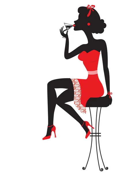 Жінка сидить і п'є мартіні в червоній сукні на білому — стоковий вектор