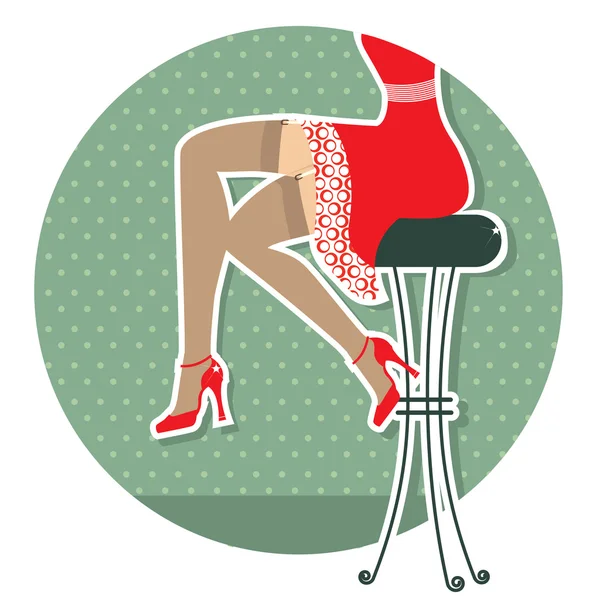 Retro piernas de mujer con zapatos de moda sentado en taburete de bar . — Vector de stock