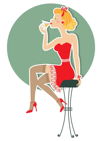 Retro vrouw is zitten en drinken martini in rode jurk op whit — Stockvector