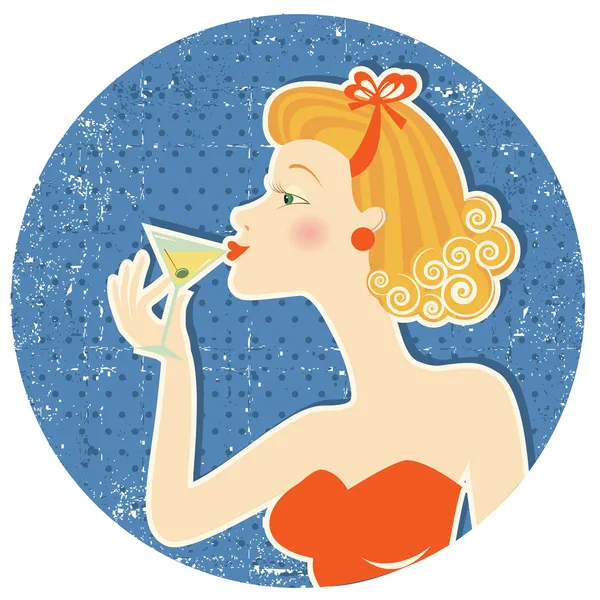 Ретро милая женщина пьет мартини на старой бумажной текстуре — стоковый вектор
