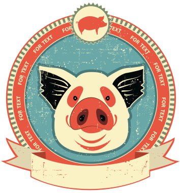 Pig head label on old paper texture.Vintage style clipart