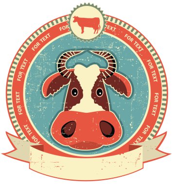 Cow head label on old paper texture.Vintage style clipart