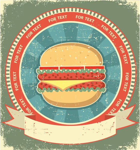 Etiqueta de la hamburguesa fijada en la textura de papel vieja. Fondo vintage — Archivo Imágenes Vectoriales