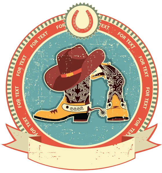 Cowboy boots and hat label on old paper texture.Vintage style — Stock Vector