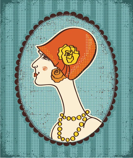 Vintage woman face in fashion hat.Retro image — Stock Vector