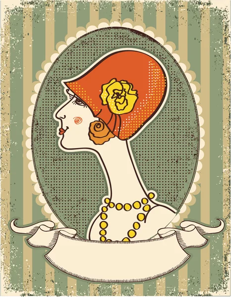Vintage woman face in fashion hat.Retro image — Stock Vector