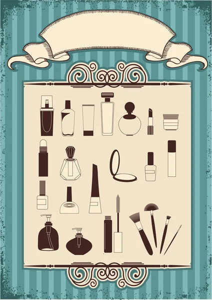 Cosmetici femminili su vecchio sfondo vintage con cornice decorativa — Vettoriale Stock
