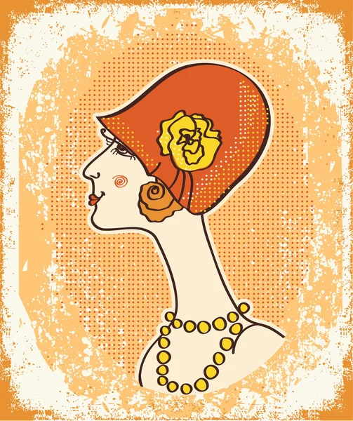 Vintage woman face in fashion hat on old paper.Retro — Stock Vector