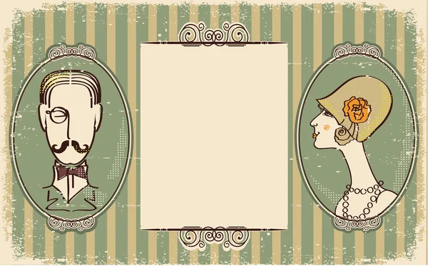 남자와 여자 초상화입니다. 오래 된 종이에 복고풍 배경 — 스톡 벡터