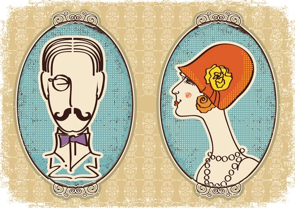 Mann und Frau Portraits.Vektor Vintage-Bild — Stockvektor