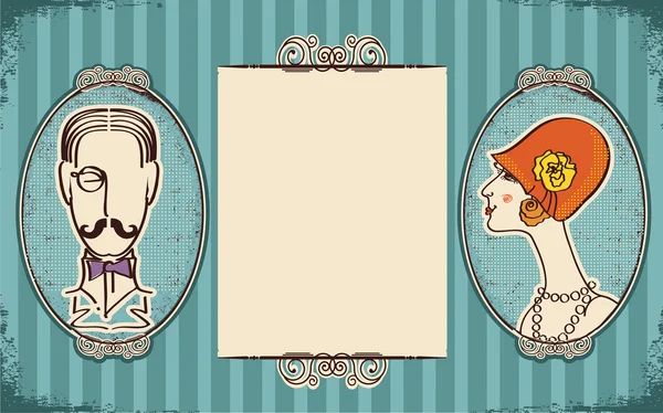 Ritratti uomo e donna.Retro sfondo per testo su vecchia carta — Vettoriale Stock