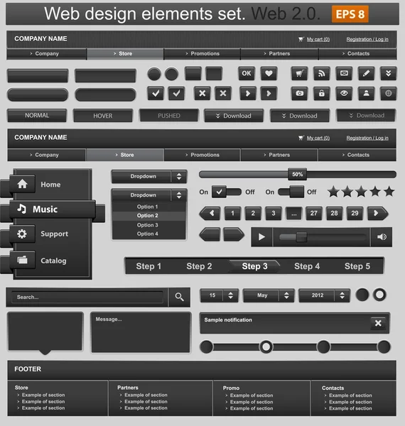 Set di elementi di web design nero. Illustrazione vettoriale — Vettoriale Stock